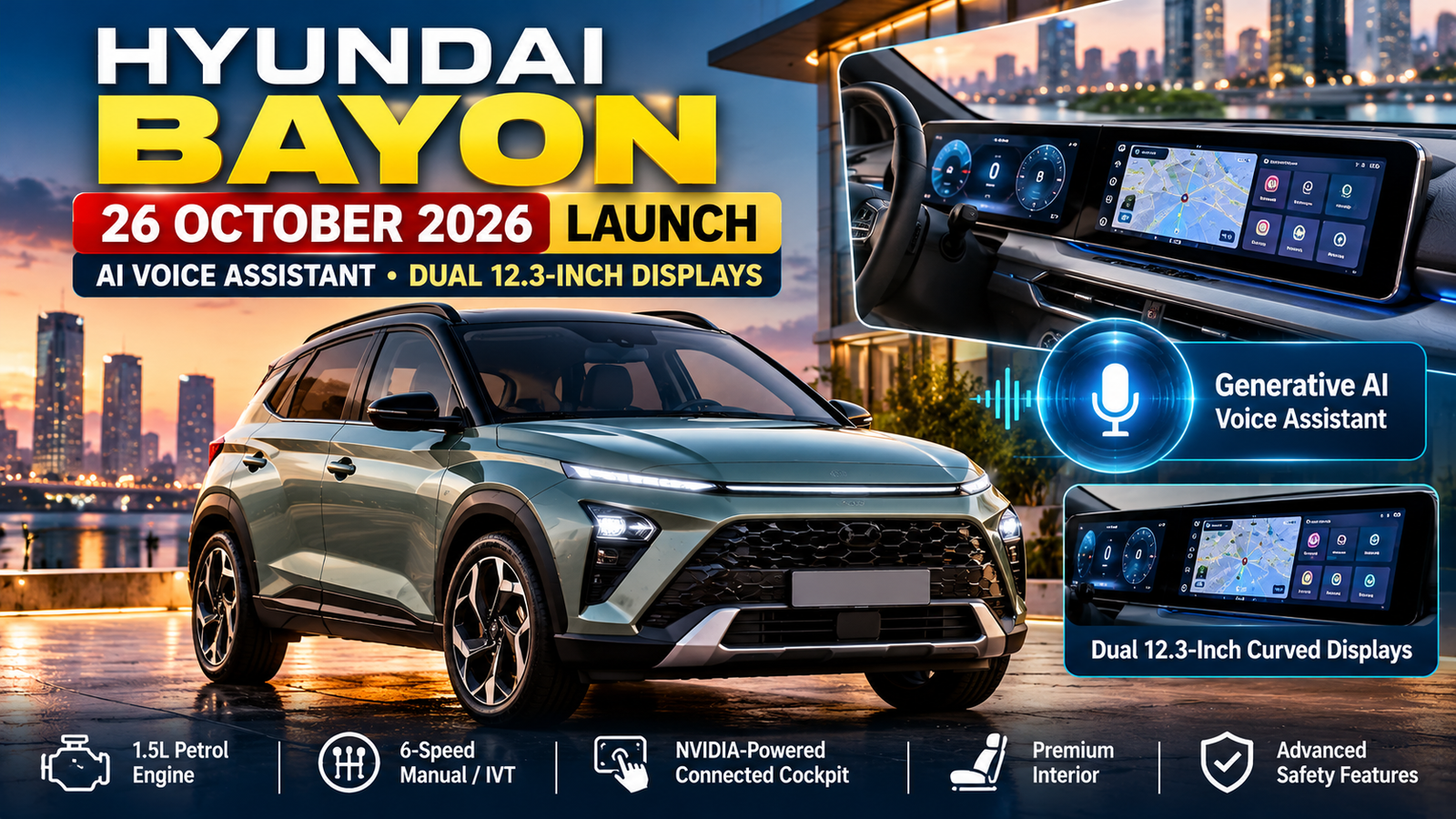 Hyundai Bayon Launch 26 October 2026 AI Voice Assistant Dual 12.3 inch Displays