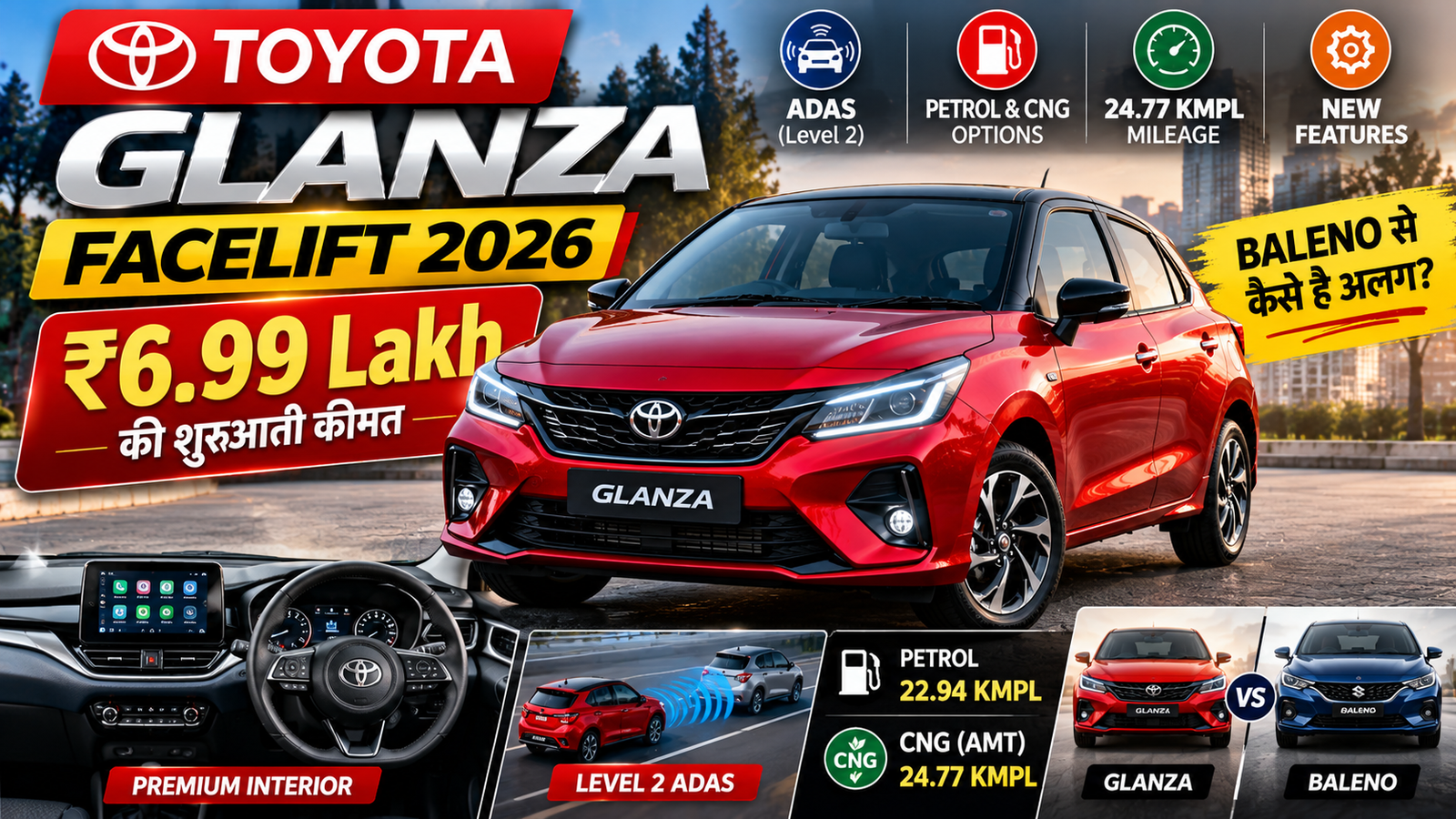Toyota Glanza Facelift 2026 ₹6.99 Lakh, Mileage, Features and ADAS